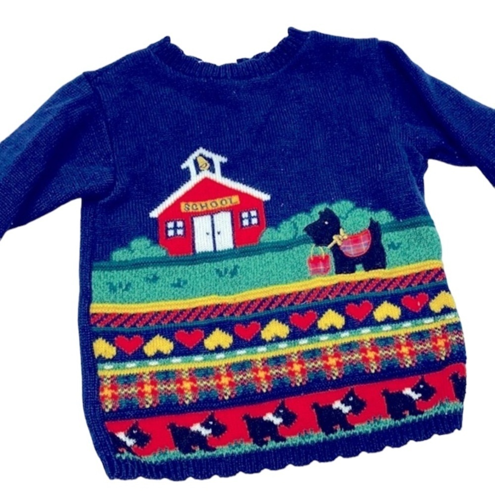 Vintage blue schoolhouse knit sweater kids boy or girl